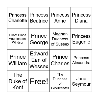 Royal Family Bingo Card