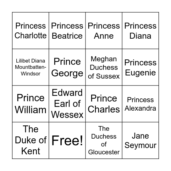 Royal Family Bingo Card