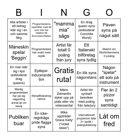 Eurovision 2022 - Svenska Bingo Card