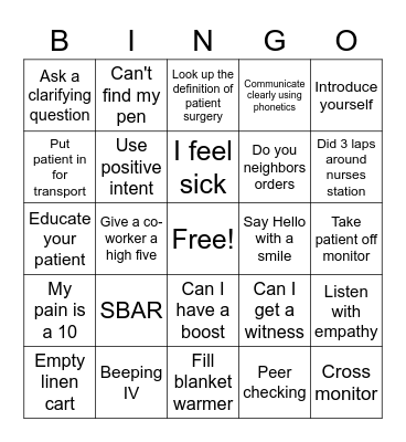 PACU FUN Bingo Card