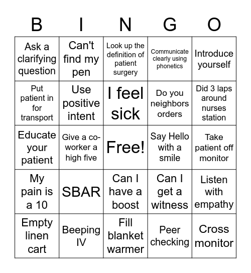 PACU FUN Bingo Card