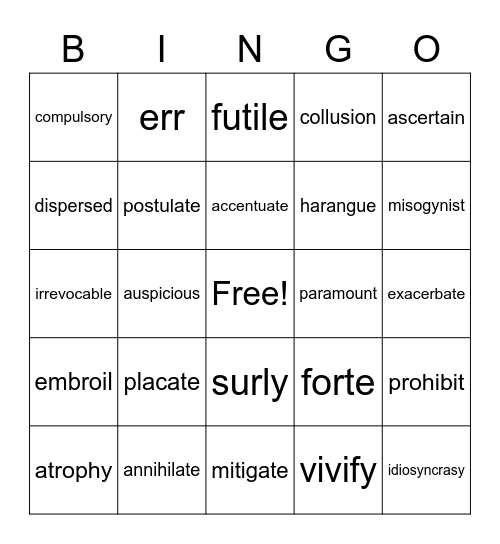 May Vocab Bingo Card