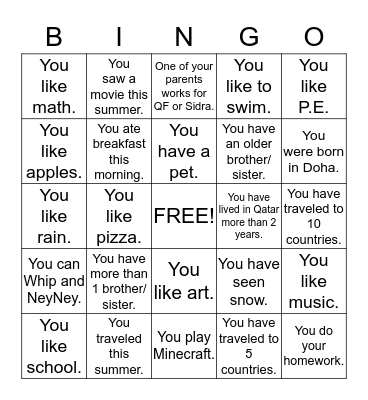 Getting to Know You Bingo Card