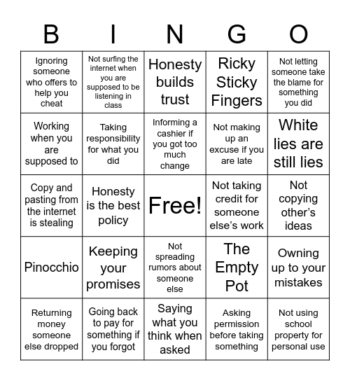 Honesty & Integrity Bingo Card