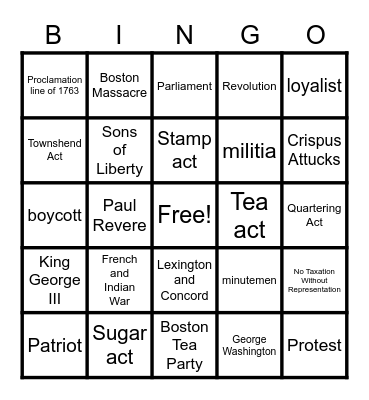 Road to Revolution Bingo Card