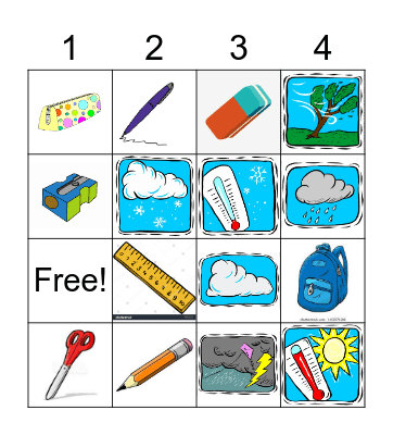 School objects and Weather Bingo Card