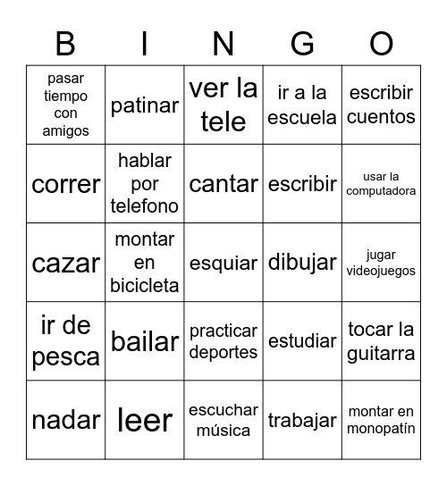 ¿Qué te gusta hacer? Realidades 1A Bingo Card