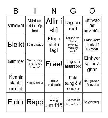 Eurovision 2022 Bingo Card