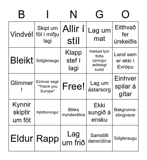 Eurovision 2022 Bingo Card