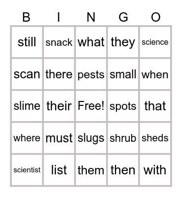 Slug Study Bingo Card