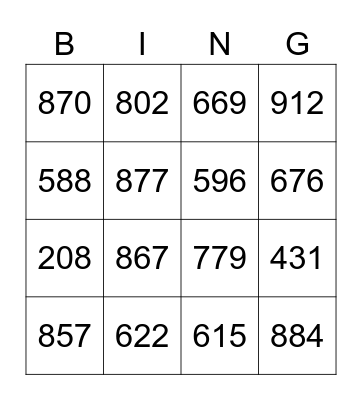 3 Digit Addition Bingo Card