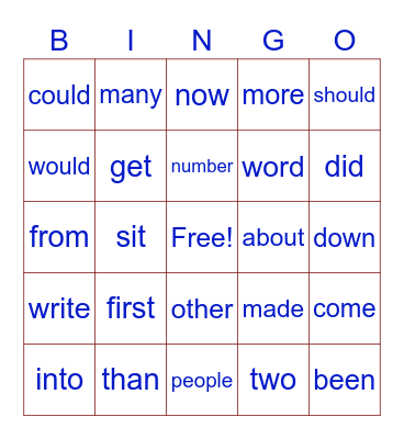 Second Grade Bingo Card