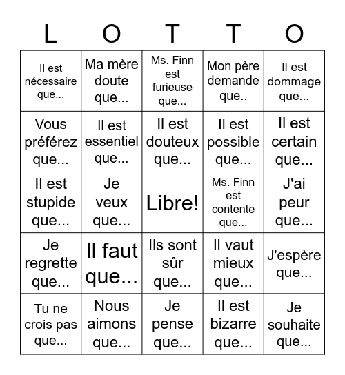 Subjonctif Bingo Card