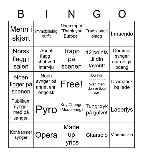 Eurovision Bingo 4/4 Bingo Card