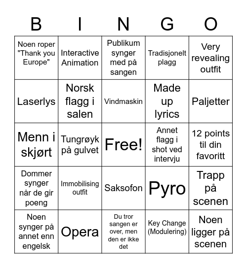 Eurovision Bingo 3/4 Bingo Card