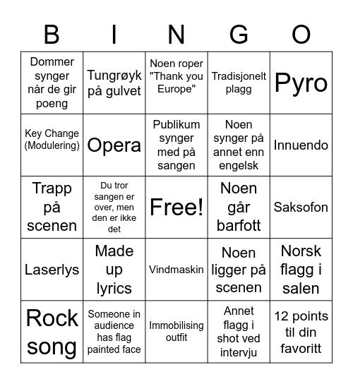 Eurovision Bingo 2/4 Bingo Card