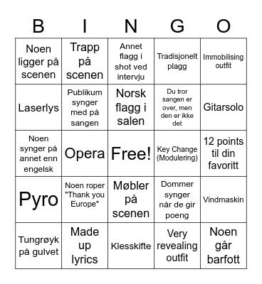 Eurovision Bingo 1/4 Bingo Card