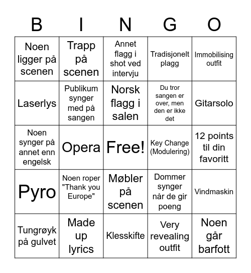 Eurovision Bingo 1/4 Bingo Card