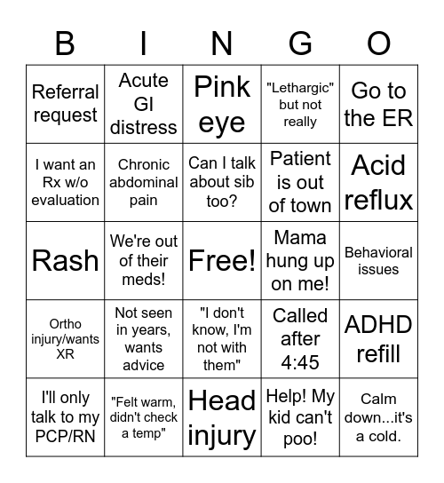 Triage Bingo Card