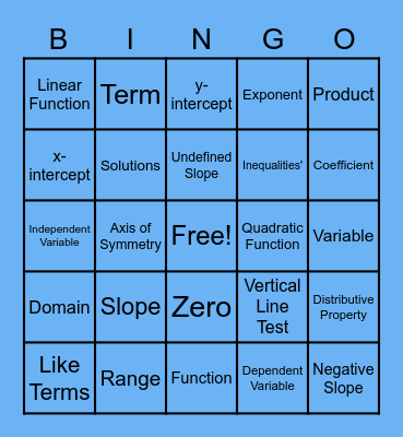 Algebra 1 Finals Vocab Bingo Card