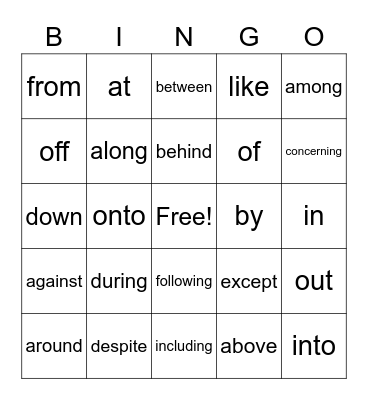 Prepositions Bingo Card