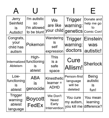 Neurodiversity Bingo Card