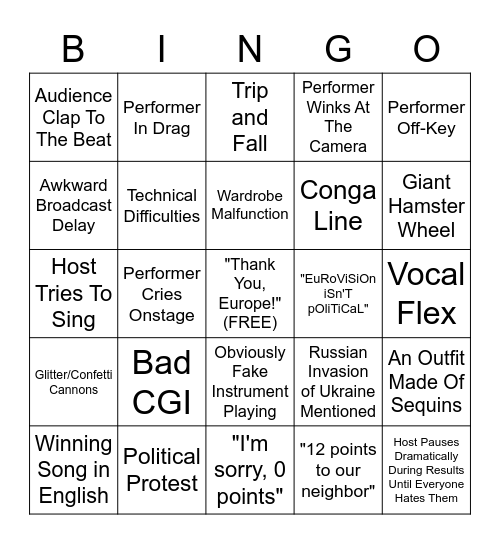 Eurovision 2022 Bingo Card