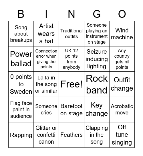 Eurovision 2022 Bingo Card