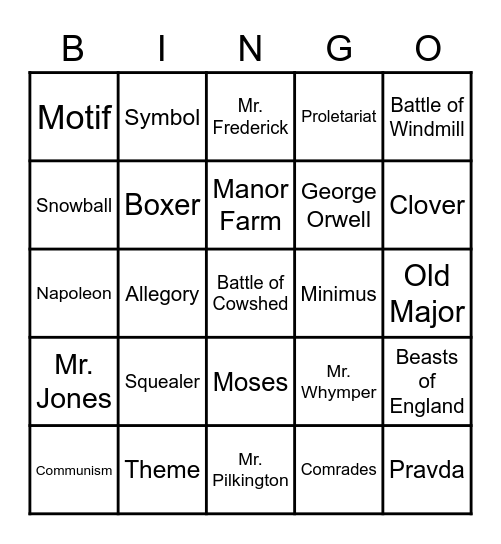 Animal Farm Bingo Card