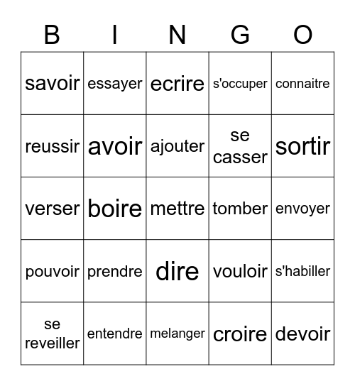 End of french 2  infinitives Bingo Card