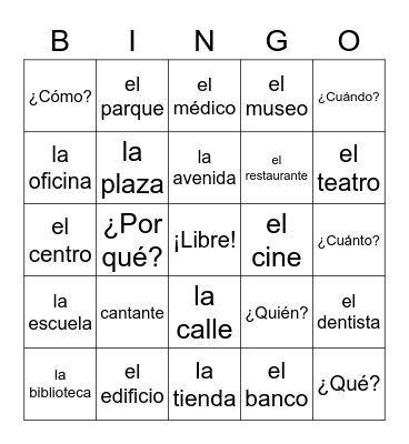 City Locations & Question Words Bingo Card