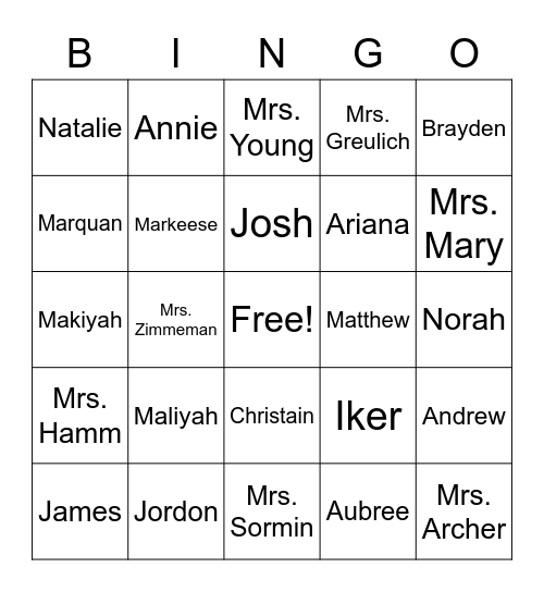 Name Bingo Card