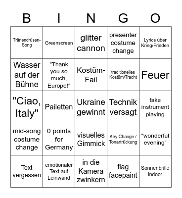 ESC 2022 Bingo Card