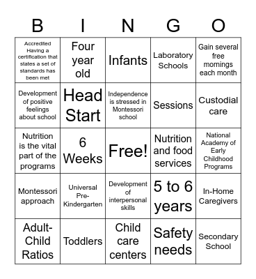 Chapter 2: Types of Early Childhood Programs Bingo Card