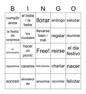 PG 234 VOCAB SPANISH 2 GROUP 4 Bingo Card