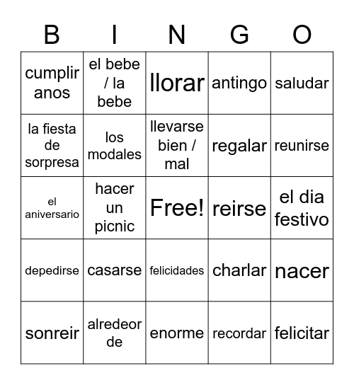 PG 234 VOCAB SPANISH 2 GROUP 4 Bingo Card