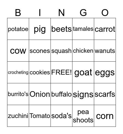 Farmers market word game Bingo Card