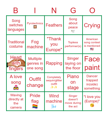 Eurovision 2022 Semifinals Bingo Card