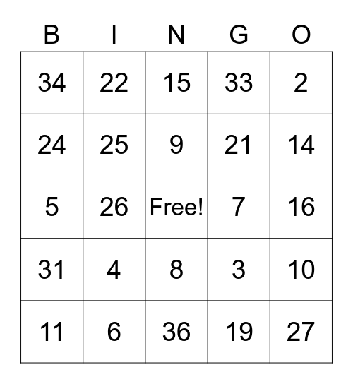 Addition / Subtraction Bingo Card