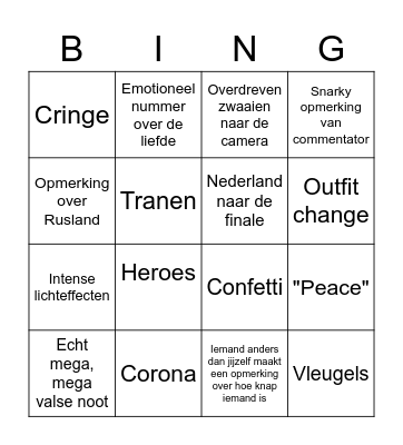 Eurovision Bingo Card