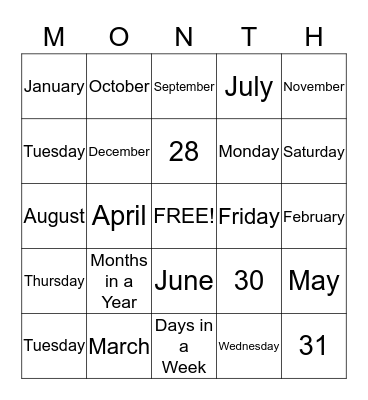 Calendar BINGO Card
