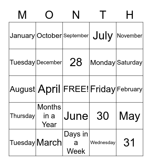 Calendar BINGO Card