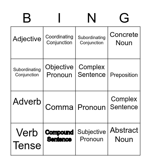 Grammar Review Bingo Card