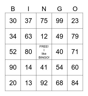 Number Bingo Card