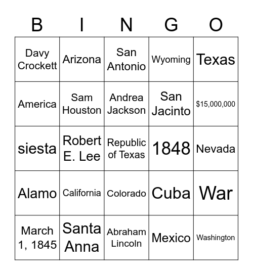 Mexican-American War Bingo Card