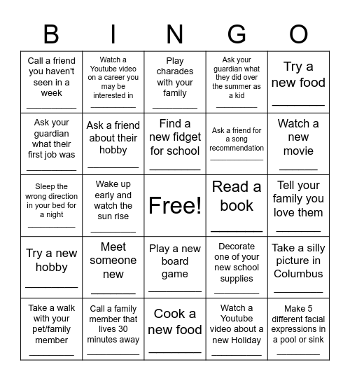 Social Group Bingo Card