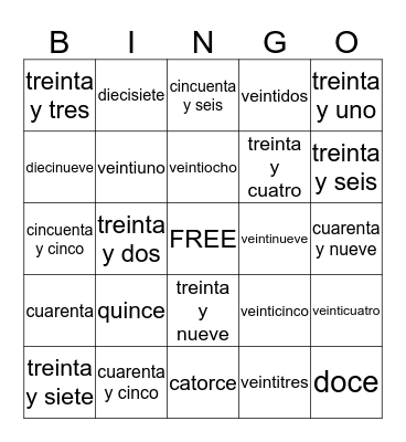 Spanish numbers 11-59 Bingo Card