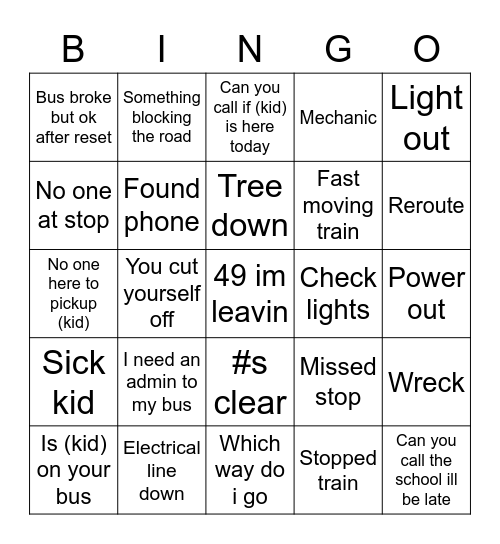 Bus Barn Bingo 3.0 Bingo Card