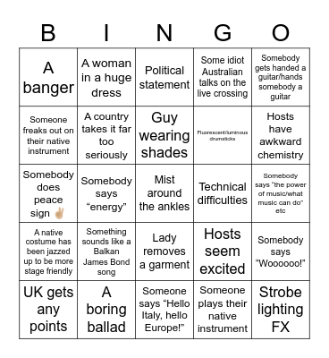 Tim’s Eurovision Bingo Card