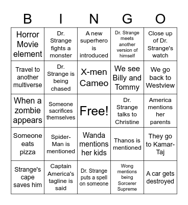 Doctor Strange and the Multiverse of Madness Bingo Card